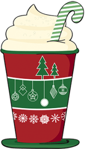 Illustration of a cup of hot chocolate in a Christmas cup with whipped cream and an candy cane.