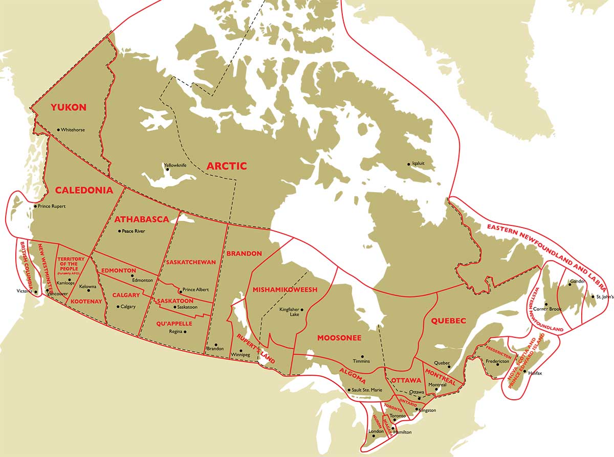 Map of Canada showing Anglican dioceses and provincial boundaries, with regions labelled across the country from Yukon and the Arctic to Quebec and Eastern Newfoundland and Labrador.