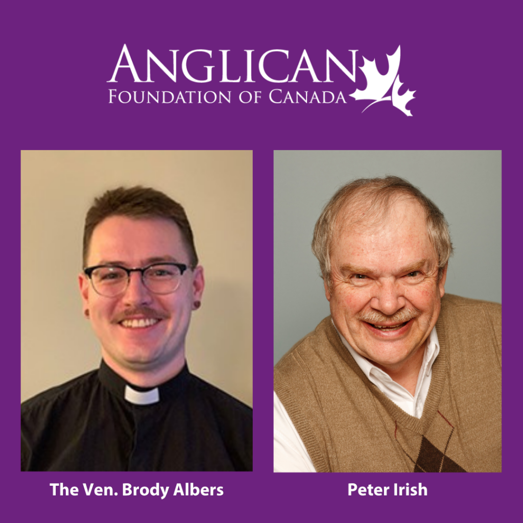 Square graphic featuring portraits of Archdeacon Brody Albers and Peter Irish beneath the white Anglican Foundation of Canada logo on a purple background, with the text: “Thank You for your faithful service to AFC and the Church across Canada.”