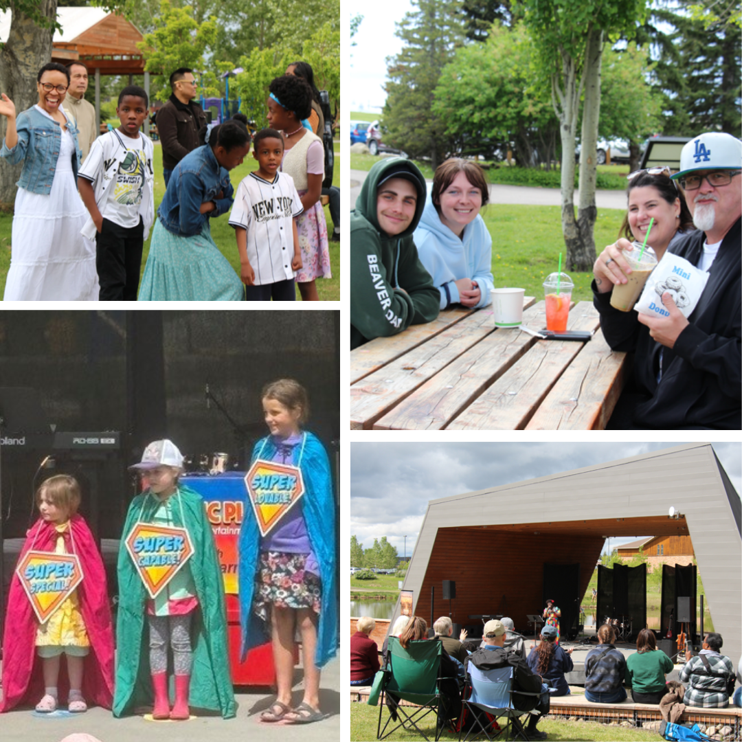 Collage of scenes from Praise in the Park 2026 in Airdrie, Alberta, showing families and children enjoying the event, youth and adults gathered at picnic tables, children participating in stage activities, and an outdoor worship gathering at Nose Creek Park with music and community programming.